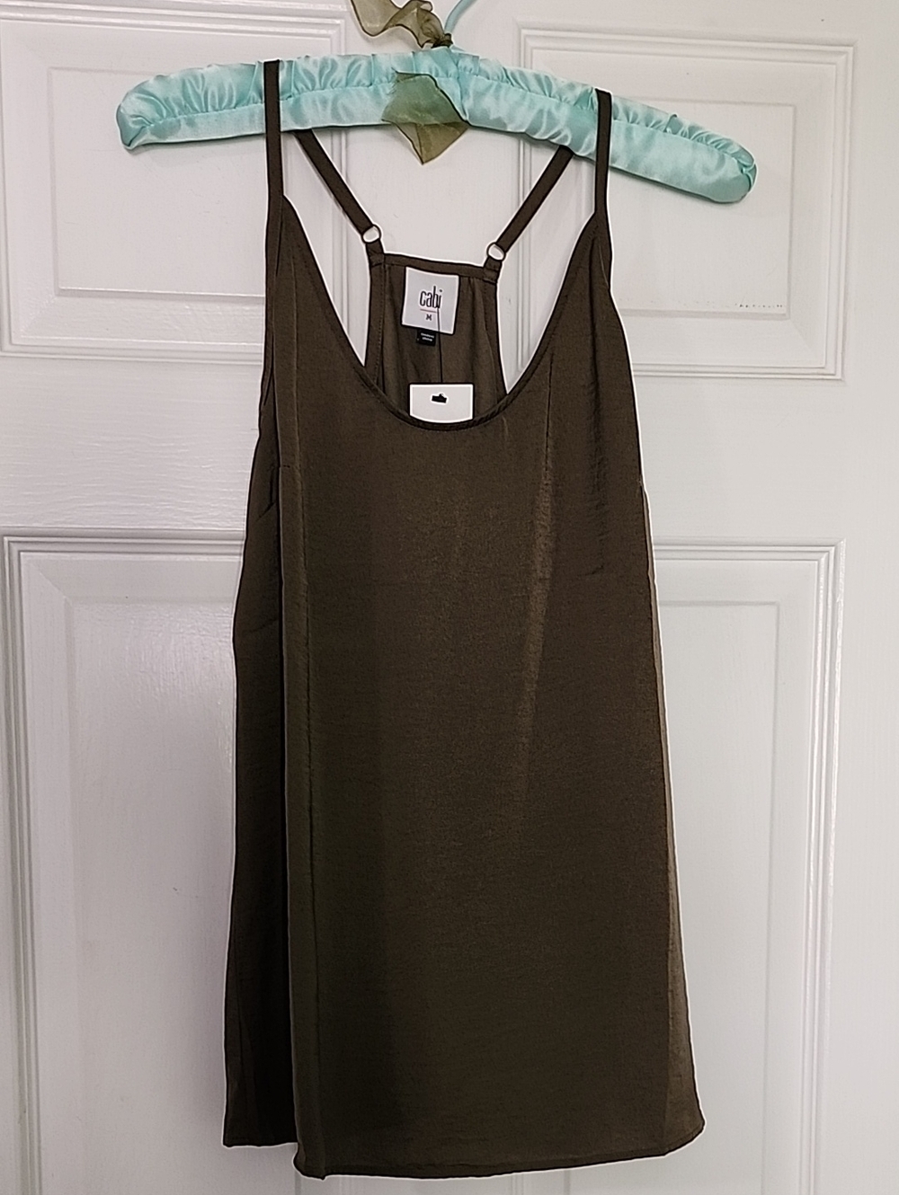 CAbi Olive Green Satin Park Cami Camisole with Adjustable Straps Medium NWT
